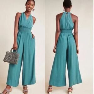 Anthropologie Bionda Plisse Teal Sleeveless Jumpsuit Size Small